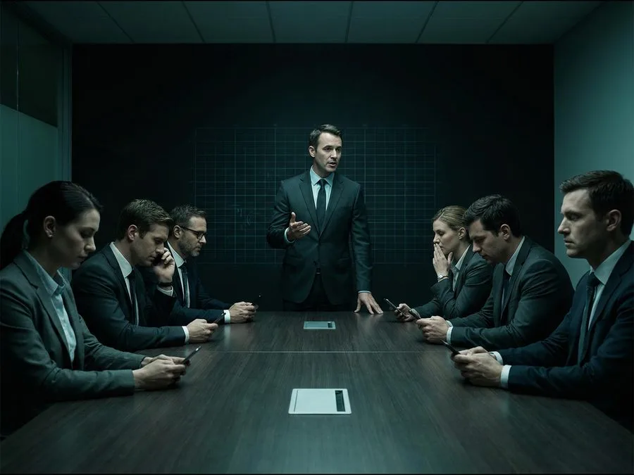 Profissional falando de pe numa reuniao enquanto todos na mesa olham para os proprios celulares.